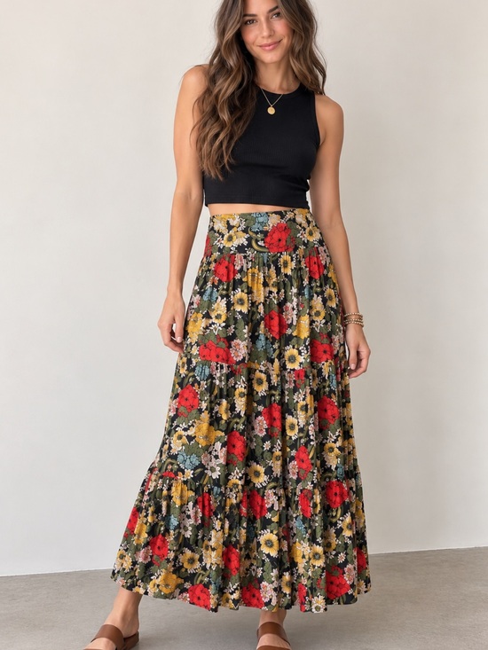 NATURAL LIFE Dresses & Skirts - Natural Life Hanna Convertible Floral Tiered Maxi Skirt Black Red Poppy medium